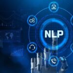 NLP Natural language processing AI Artificial intelligence. Technology concept. Robot pressing button.