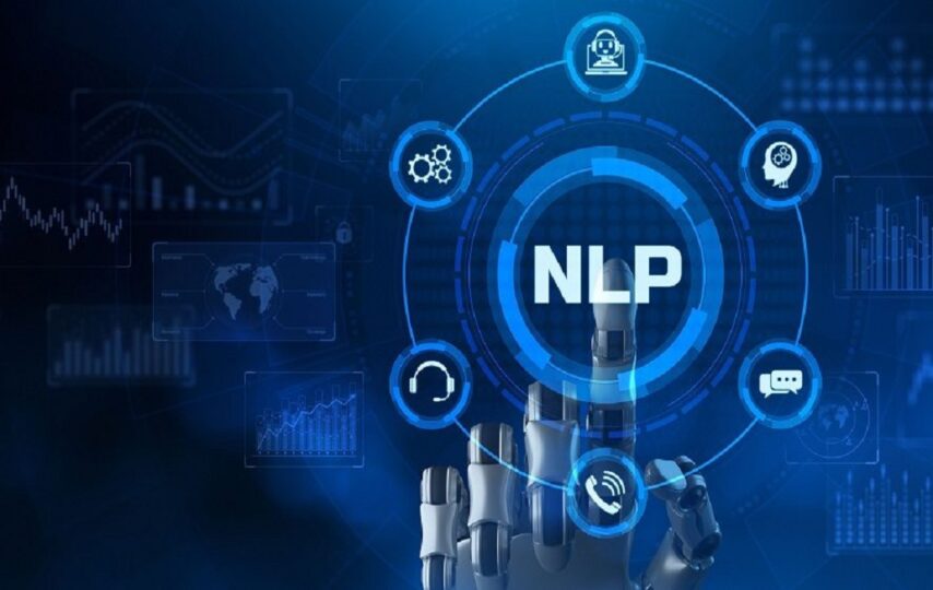 NLP Natural language processing AI Artificial intelligence. Technology concept. Robot pressing button.