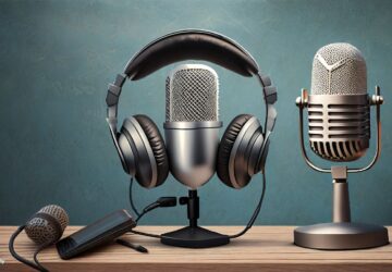 A vintage microphone with headphones hanging on it, another microphone lying on the table, and a digital recorder against a textured blue background.