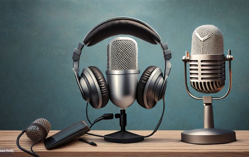 A vintage microphone with headphones hanging on it, another microphone lying on the table, and a digital recorder against a textured blue background.