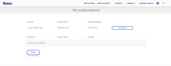 The My Subscriptions page at my.roku.com with UNSUBSCRIBE highlighted