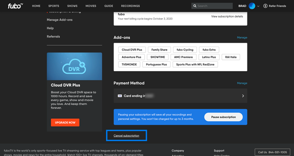 From the Subscription & Billing page, find the option to cancel your FuboTV subscription at the bottom of the page