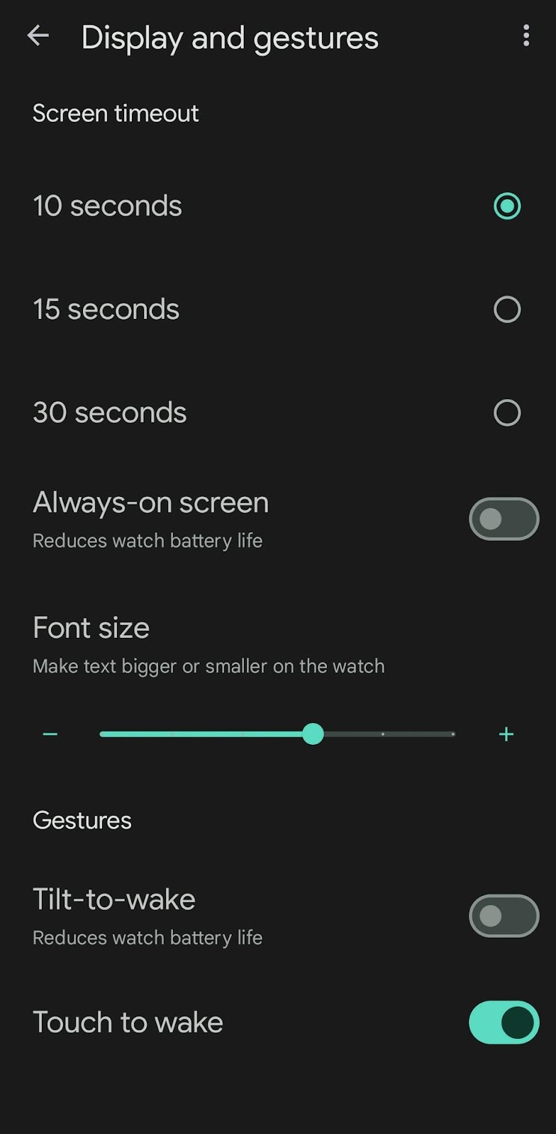 Display and gestures screen showing different screen timeouts, always on screen, font size, and gestures.