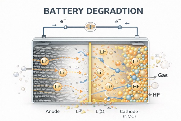 battery-degradation	Visual representation of battery performance decline caused by long-term chemical and structural degradation.
