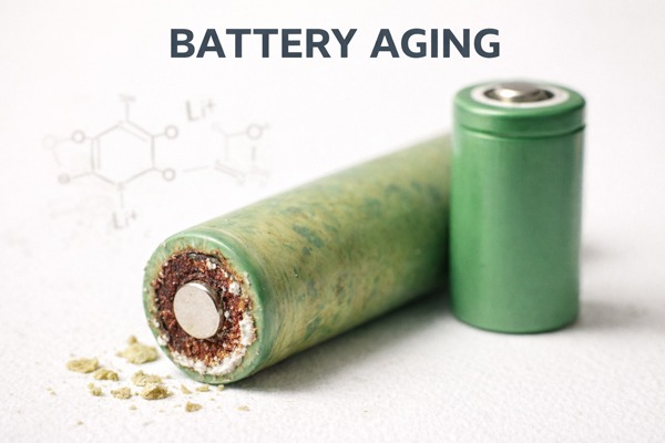 battery-aging	Illustration showing internal material and chemical changes that occur as a battery ages over time.
