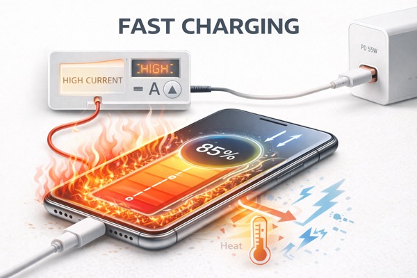 fast-charging-affects-battery-degradation	Fast charging process illustrating increased heat and electrical stress that can accelerate battery degradation.
