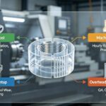 Infographic illustrating the 4 key cost drivers of a CNC turning quote: Material Cost, Machine & Time, Tooling & Setup, and Overhead & Compliance, set in a modern machine shop. By LS Manufacturing.