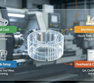 Infographic illustrating the 4 key cost drivers of a CNC turning quote: Material Cost, Machine & Time, Tooling & Setup, and Overhead & Compliance, set in a modern machine shop. By LS Manufacturing.