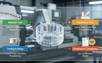 Infographic illustrating the 4 key cost drivers of a CNC turning quote: Material Cost, Machine & Time, Tooling & Setup, and Overhead & Compliance, set in a modern machine shop. By LS Manufacturing.