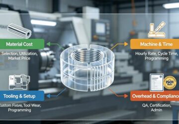 Infographic illustrating the 4 key cost drivers of a CNC turning quote: Material Cost, Machine & Time, Tooling & Setup, and Overhead & Compliance, set in a modern machine shop. By LS Manufacturing.
