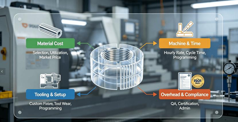 Infographic illustrating the 4 key cost drivers of a CNC turning quote: Material Cost, Machine & Time, Tooling & Setup, and Overhead & Compliance, set in a modern machine shop. By LS Manufacturing.