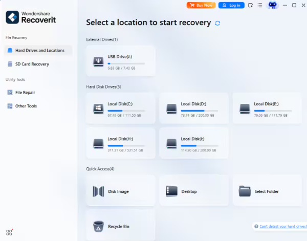 Select the lost file location in Recoverit on Windows