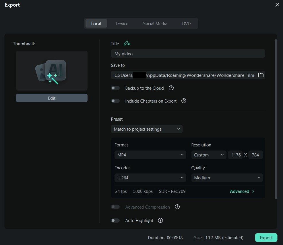 export settings in filmora