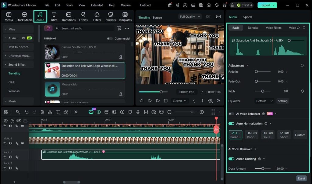 music adjustment in filmora